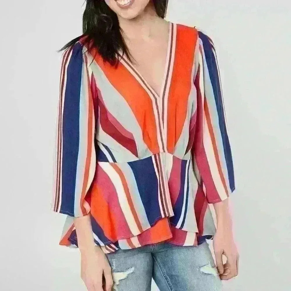 Willow and Root Ruffle Striped Top 3/4 Length Sleeves Cinched Waist Boho‎ Size M